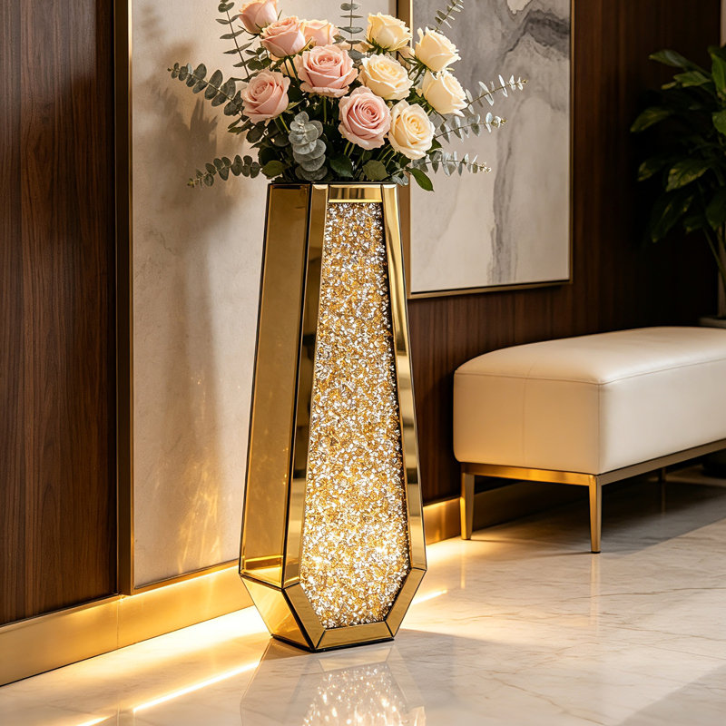 DeGrailly 30" Handmade Mirrored Glass Floor Vase  Modern Classic Glam Stylish, 30" H x 10.63" W x 5.33" D, Gold