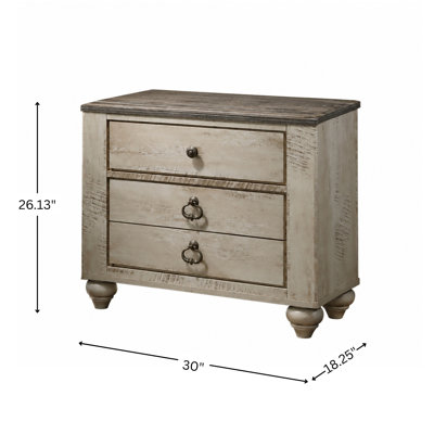 Table de chevet contemporaine brune antique, 3 avec plateau en bois patiné et design moderne pour table de chevet de chambre à coucher, 3 tiroirs de style rétro rustique brun