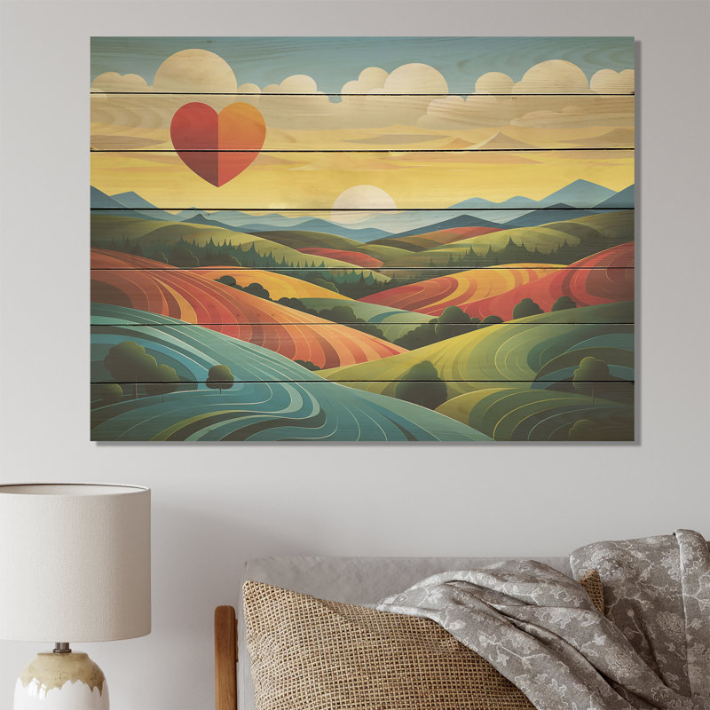 «Love Mountain» jaune et vert - prairie sur bois, H 30 po x l 40 po