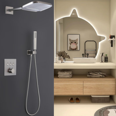 8.23*9.92" Two Functions Rainfall Shower Head with Hand Shower, Solid Brass Thermostatic Shower Set with Rough-in Valve