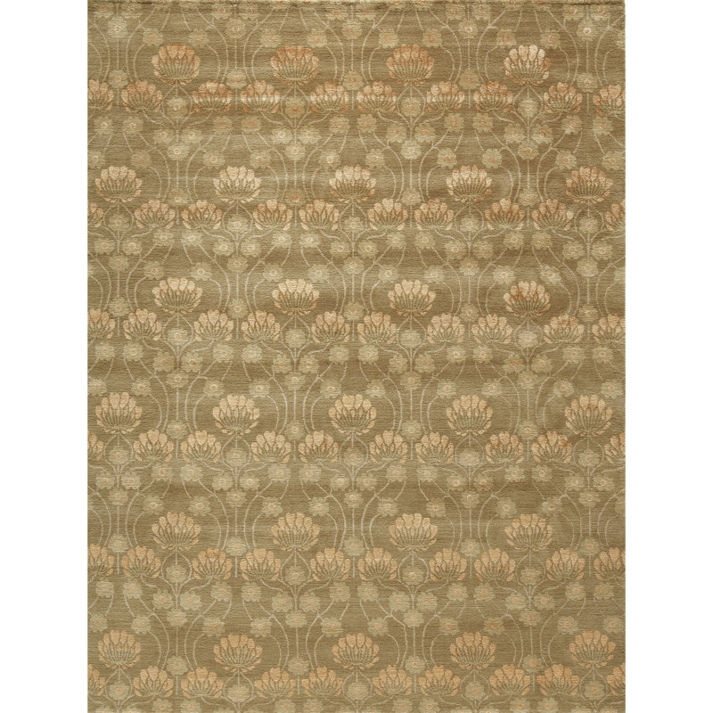 Tapis floral en soie / laine noué à la main brun / doré Floral, Rectangle 3 pi x 5 pi
