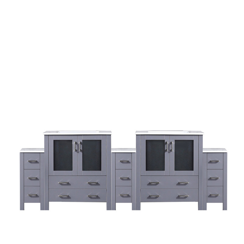 Meuble-lavabo double gris foncé A avec armoires latérales, comptoir en céramique blanche, structure en bois massif, mécanisme de fermeture en douceur, deux armoires intérieures et treize tiroirs pour un grand rangement