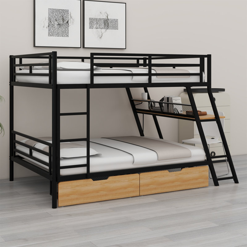 Zillah Metal Bunk Bed with Built-in Desk, Drawers and LED Light, Full over Full, Black/Natural