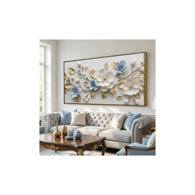 Blue and Gold Floral Framed Canvas Wall Art, Elegant Botanical Flower Artwork for Living Room, Bedroom and Office, 40 x 20 Inches