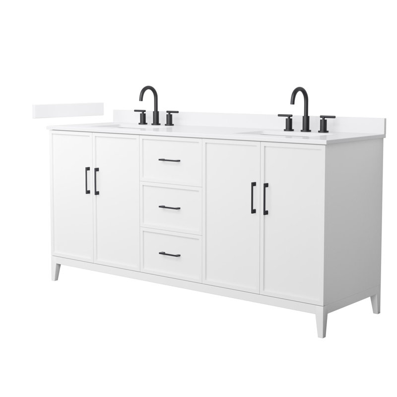 Elan 72'' Double Bathroom Vanity with Quartz Top, White, 8" Center, Matte Black