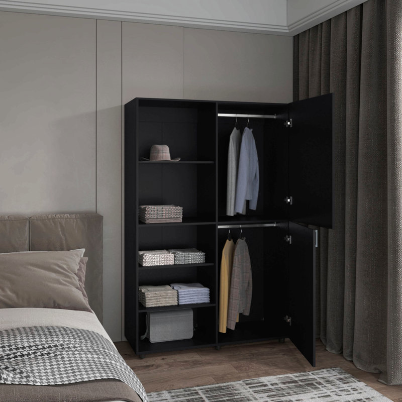 Armoire haute autoportante à une porte avec tringle suspendue et tablettes intérieures, garde-robe de chambre compacte, Black
