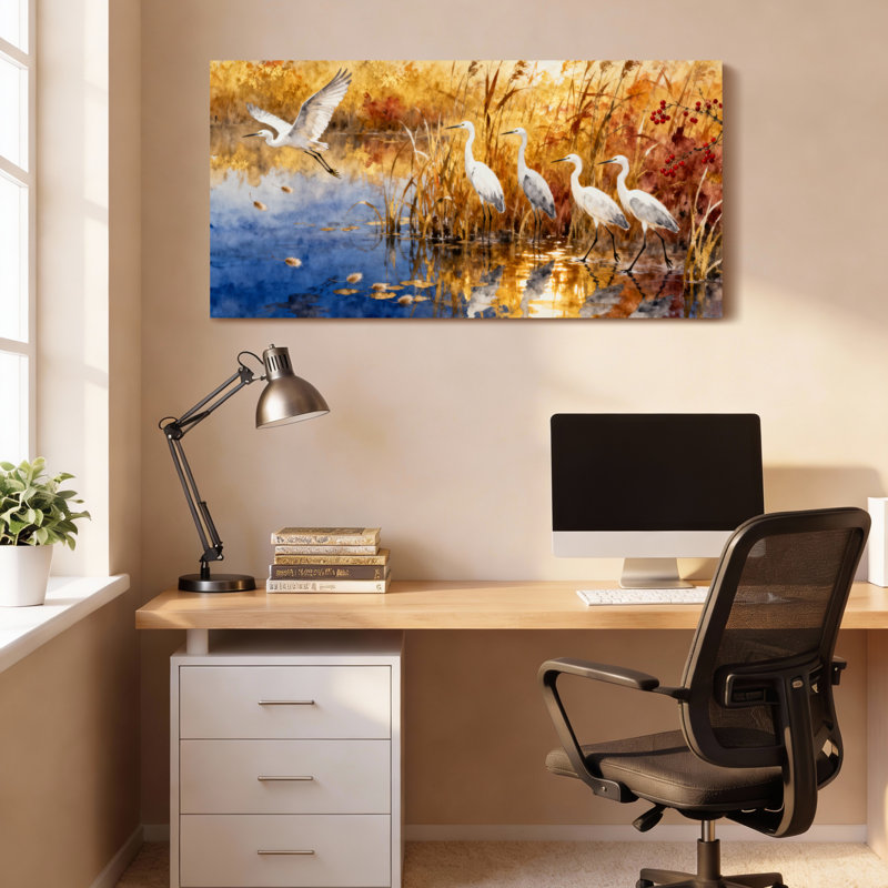 Ensemble de 1 tableau sur toile tendue « Hérons blancs dans un marais d'automne », H 28 po x l 58 po