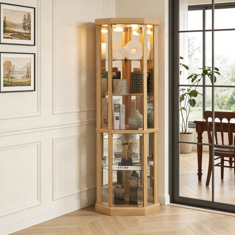 Vitrine d'angle en verre Therris, Chêne clair, H 69,85 po x l 16,5 po x P 16,5 po