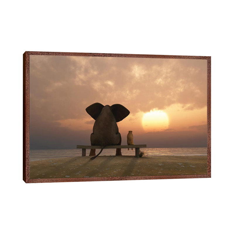 Elephant And Dog Sit On A Summer Beach At Sunset by Mike Kiev - Wrapped Canvas Print, Classic Brown Wood Framed Canvas