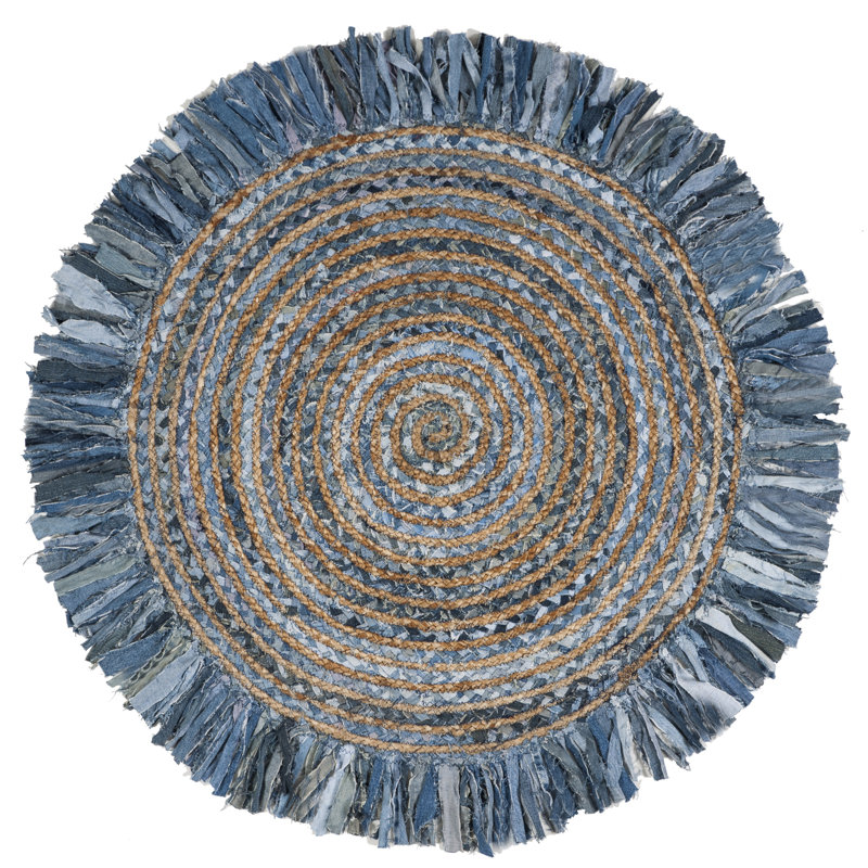 Tapis ivoire / denim en coton tissé à la main Abhay, Rond 4 pi