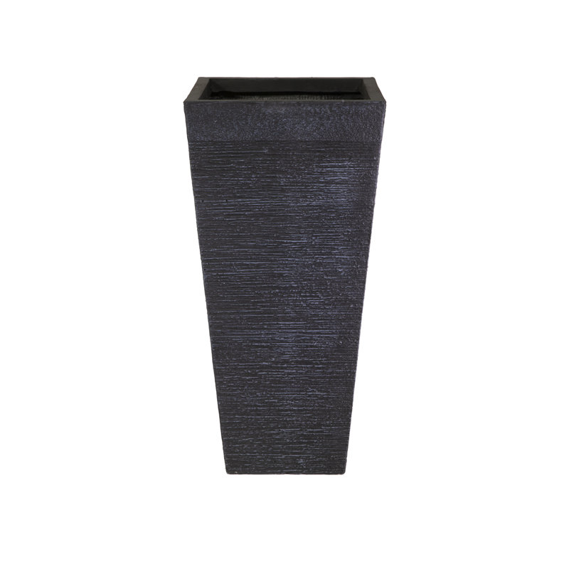 IDEALIST Ribbed Light Concrete Garden Tall Planter, Outdoor Plant Pot with Tapered Shape, Black