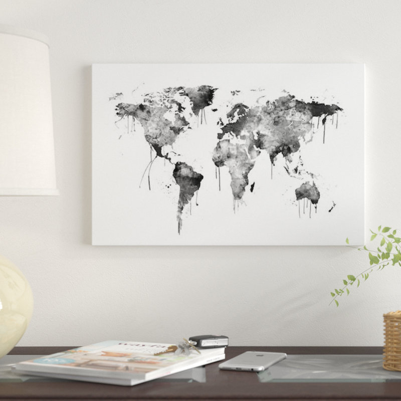 " Watercolor Map Of The World Map, Grey Scale " by Michael Tompsett, 18" H x 26" W x 1.5" D, Black Framed Canvas, No Mat