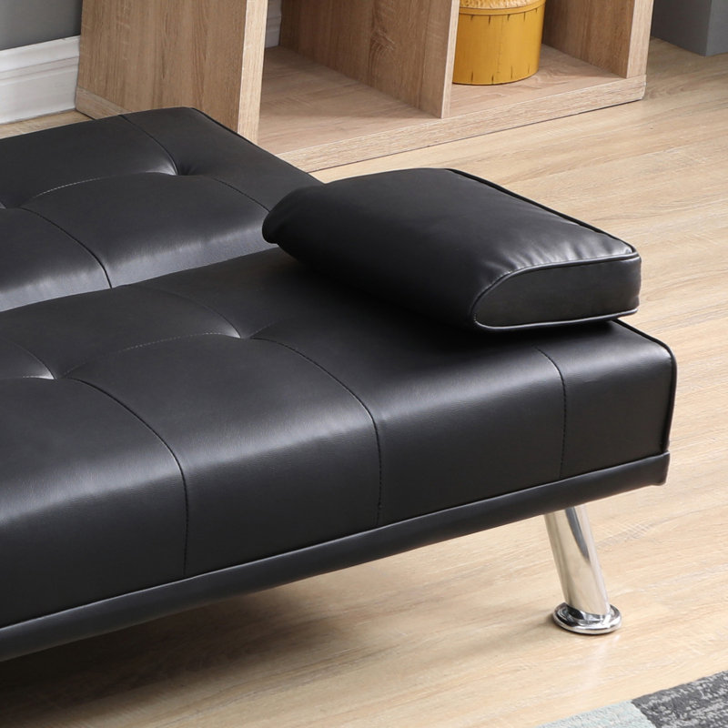 182*83*79cm, Sofa Bed with Cup Holder, Black Faux Leather