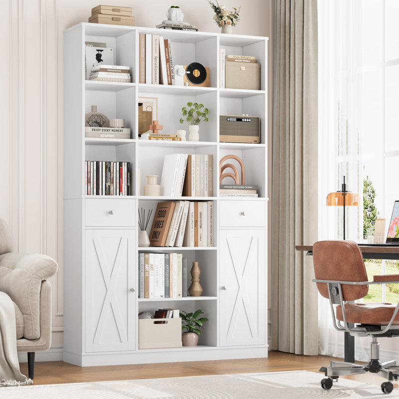 Bibliothèque 74,2 "H avec 12 tablettes ouvertes, 2 tiroirs et 2 armoires, Blanc