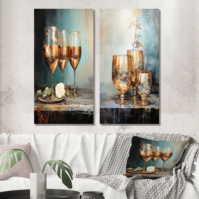 Beige And Teal Champange Glass - Drinkware Canvas Prints Set Of 2, 28" H x 25" W, Wrapped Canvas