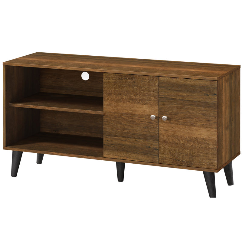 Tv Stand In Brown, For 50-59 Inch Tvs. 2 Storage Shelves & 1 Cabinet. Modern Entertainment Centre Living Room. Functional Open Shelf Electronics. Concealed Mid-Century Design With A Sleek Silhouette.