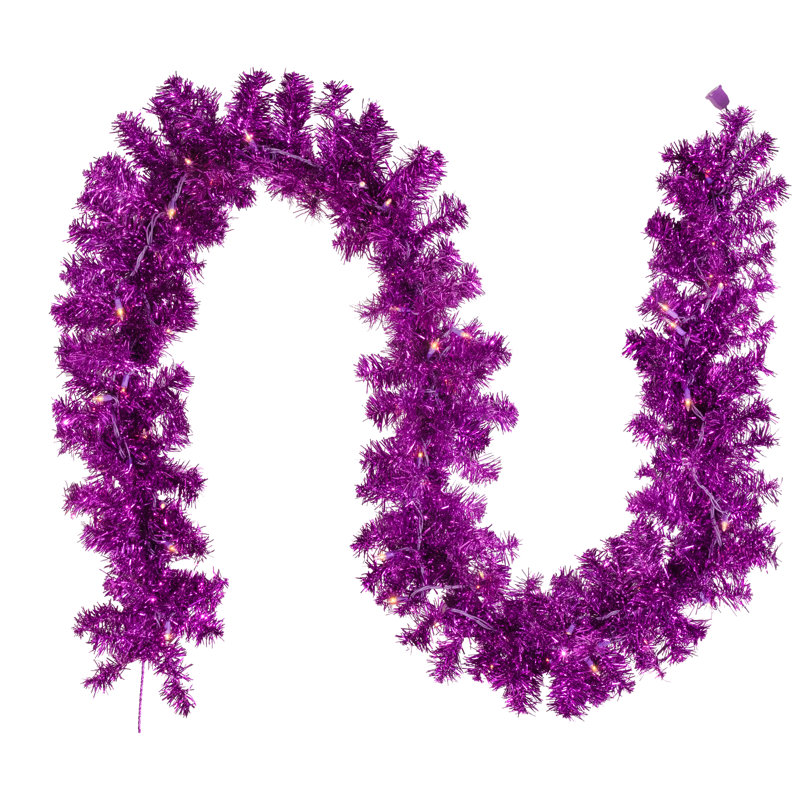 Pre-Lit Artificial Tinsel Christmas Garland - 9' X 8" - Clear Lights, Purple