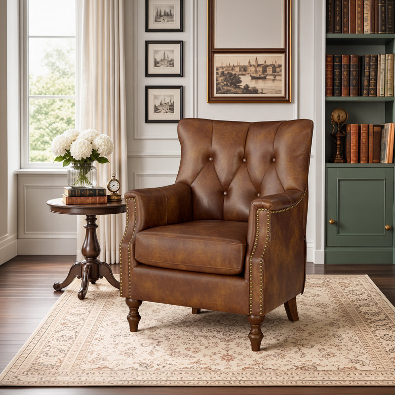 Fauteuil d'appoint Redi 29,5 po (75 cm) de largeur en similicuir, fauteuil à oreilles avec capitonnage à boutons, Brown