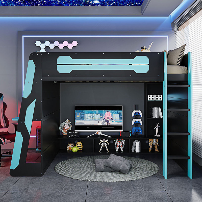 Lit mezzanine double avec bureau, tablettes et lumière RVB, Bleu