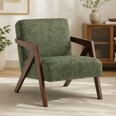 Mid Century Modern Accent Chair with Wood Frame and Soft Linen Upholstery