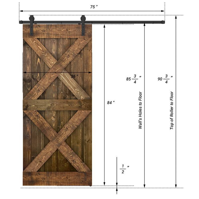 Porte de grange coulissante à panneaux en bois X Series avec trousse de quincaillerie d'installation (DIY) 1 6, 36 po x 84 po