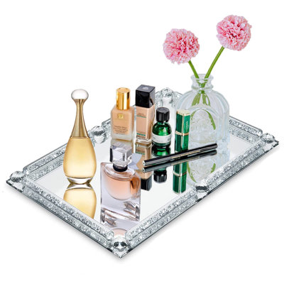Miroir, plateau de parfum pour commode, plateau de meuble-lavabo en verre rempli de diamant concassé, plateau de salle de bain décoratif, plateau de cristal pour décoration intérieure, fête, banquet d'hôtel, 11,8 po x 7,9 po x 1,2 po, argent