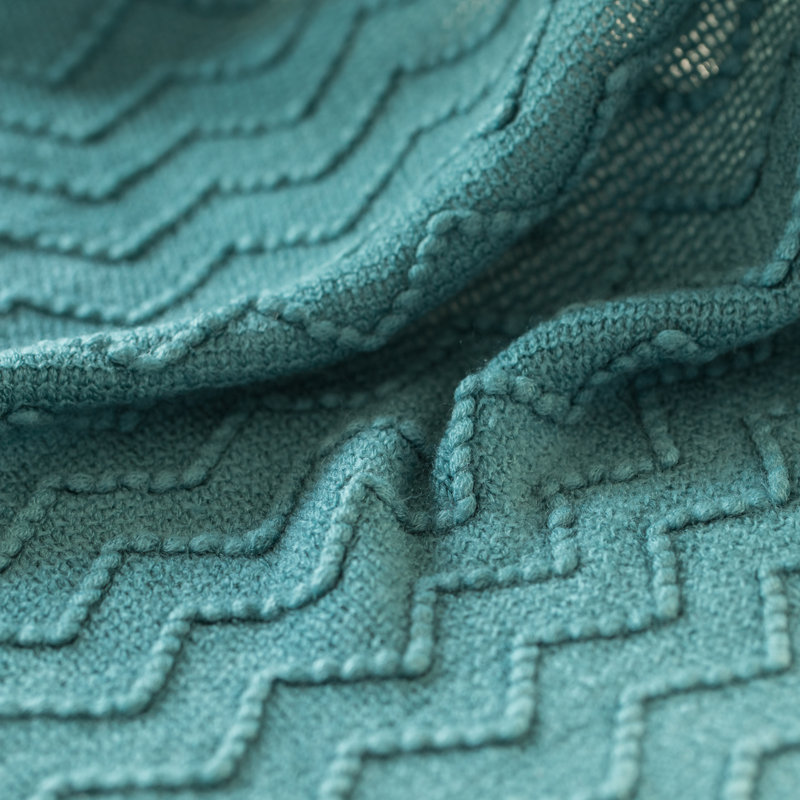 Blue Chevron Pattern Knit Throw Blanket with Fringe