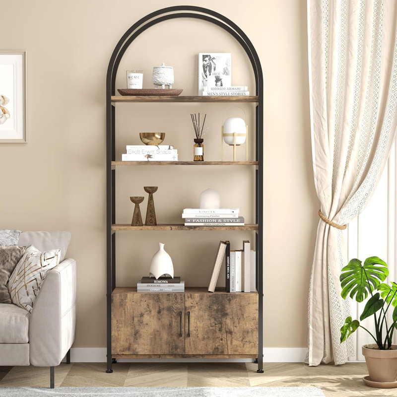 Arched Bookshelf, Bookcase With Doors Storage, Brown