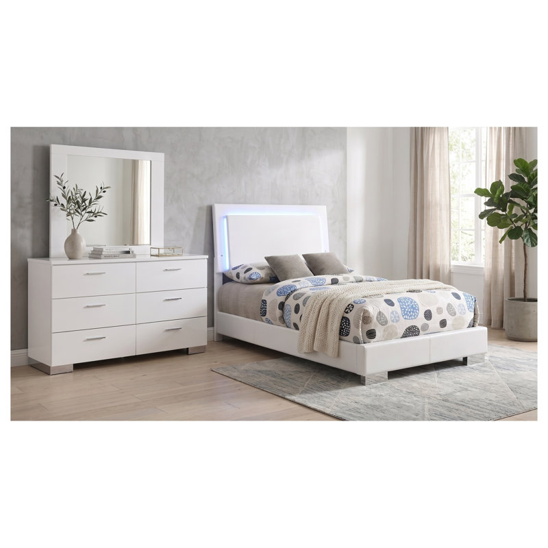 Ensemble de chambre à coucher Geneviève pour lit simple, 3 pièces, avec tête de lit à DEL, fini blanc brillant, comprenant un cadre de lit, une commode et un miroir.