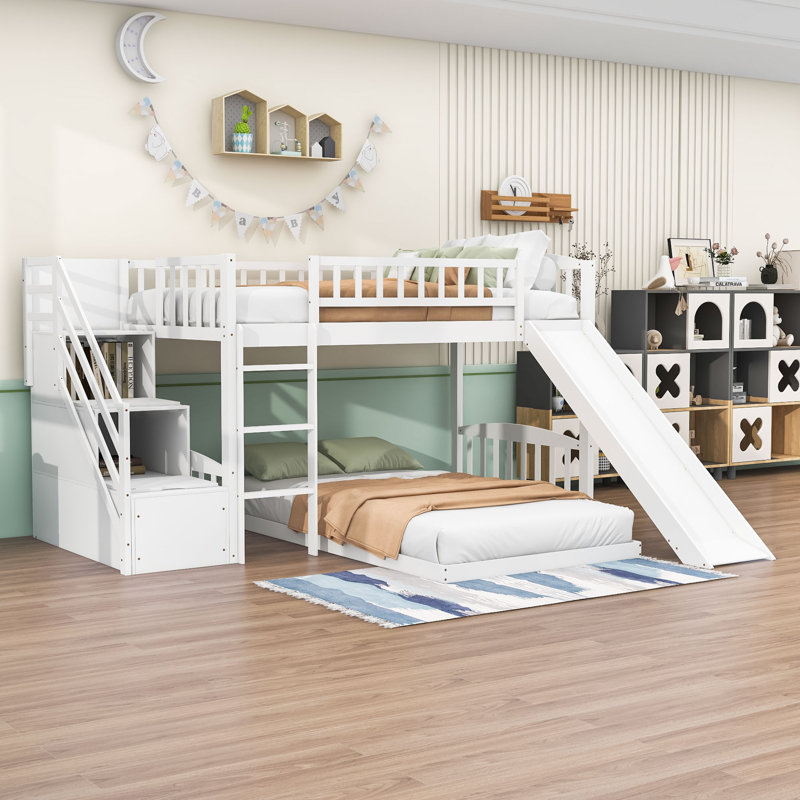 Fatime Twin Over Twin L-Shaped Bunk Beds with Slide and Storage, White