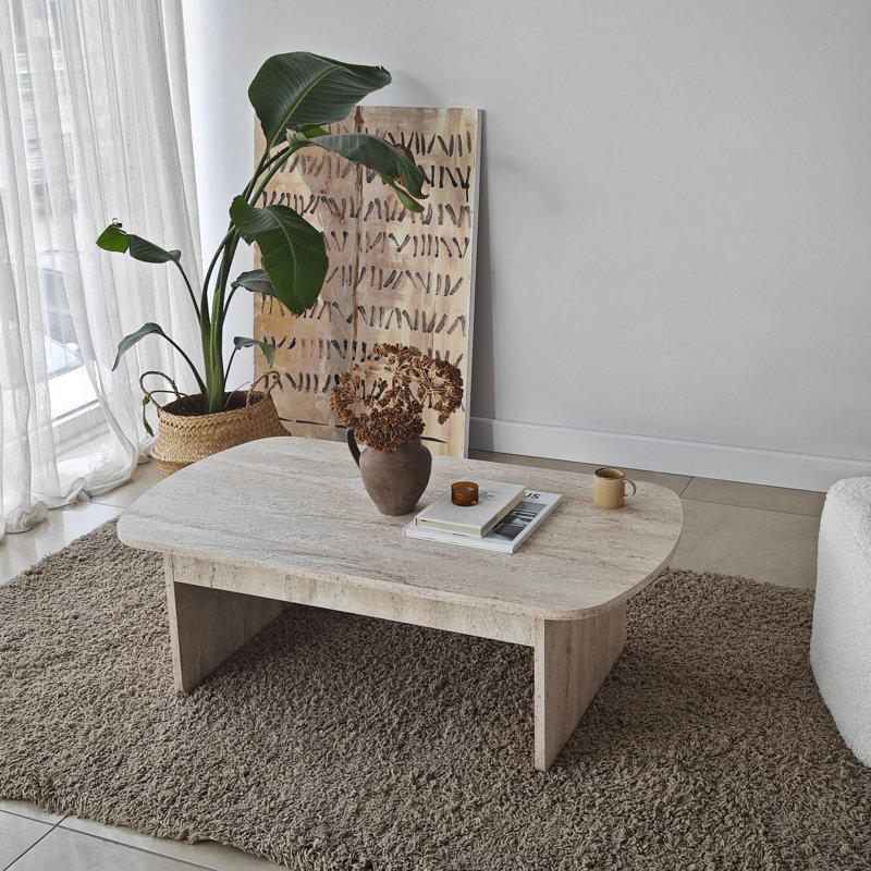 Table basse moderne, couleur travertin, 41,3 po x 13,8 po x 23,6 po | 100% panneau de particules enduit de mélamine avec bande de chant en PVC, épaisseur: 0,71 pouce | Design élégant en marbre, parfait pour le salon et les espaces contemporains