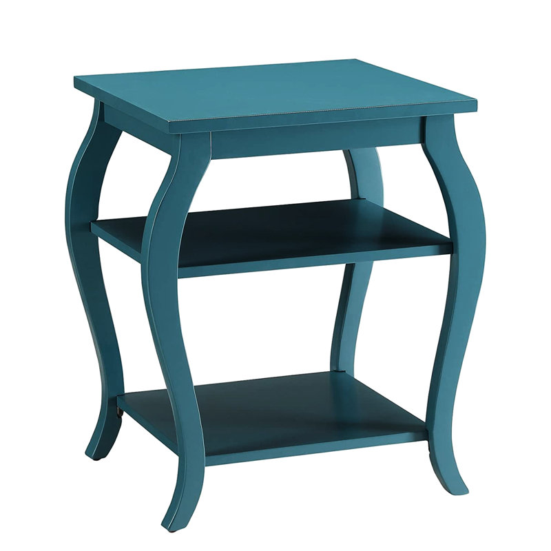Table de bout fonctionnelle sarcelle carrée avec 2 tablettes, pieds élégants en bois, structure, poids supérieur de 17 lb, rangement ouvert, matériau principal, 18 x 18 x 23 pouces,