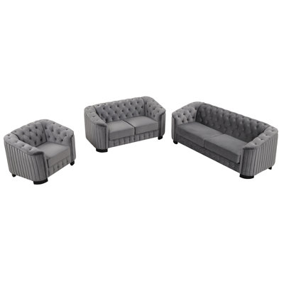 Darise 3-Piece Velvet Tufted Sofa Set with Rubber Wood Legs