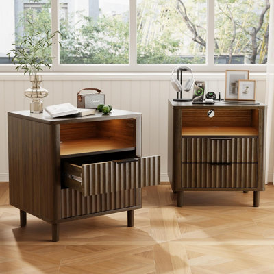 24" H Mid Century Night Stand with Charging Station, 2 - Drawer Storage Cute Fluted Bedside Table with Open Shelf, Curved Profile End Table for Bedroom, Living Room, Sofa and Office