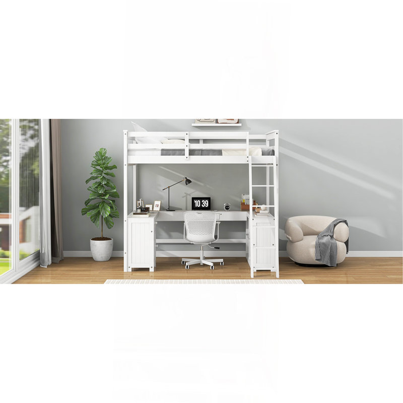 Lit mezzanine double avec bureau en U, tiroirs et tablettes de rangement, blanc, Lit double, Blanc