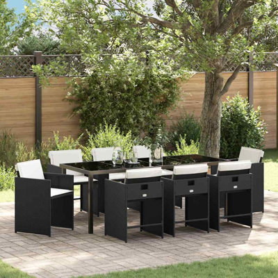  Ensemble de salle à manger de jardin avec coussin 9 pièces en rotin de polyester noir