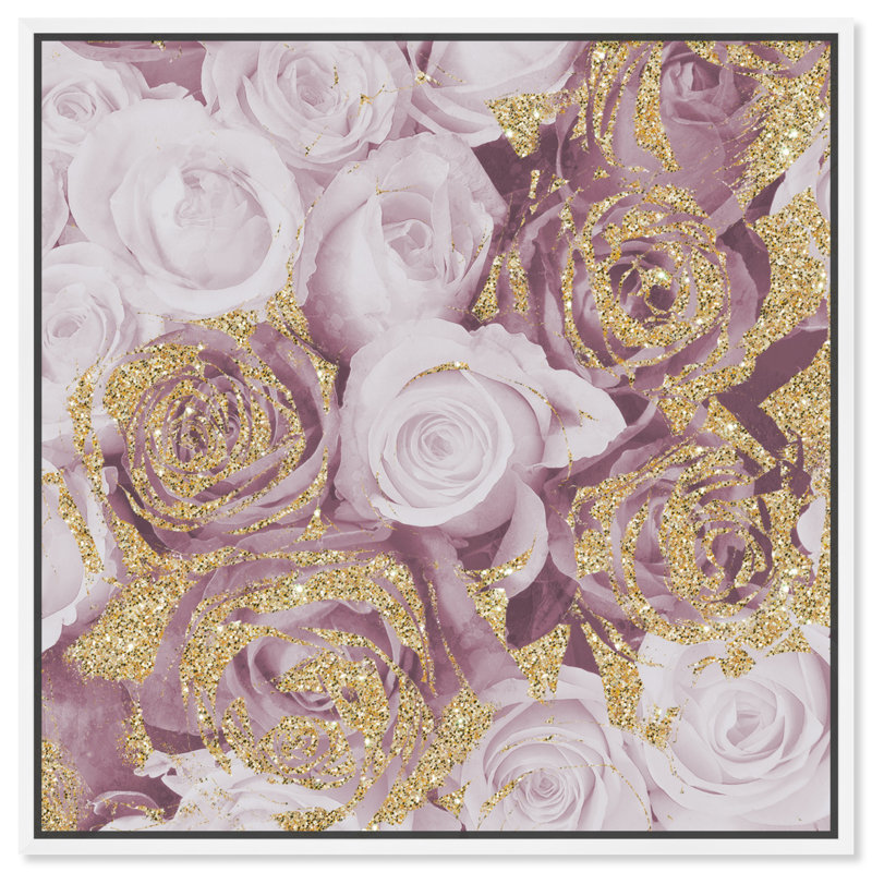 Mauve, paillettes, roses, carrés, fleurs, impression, Toile blanche encadrée, H 12 po x l 12 po