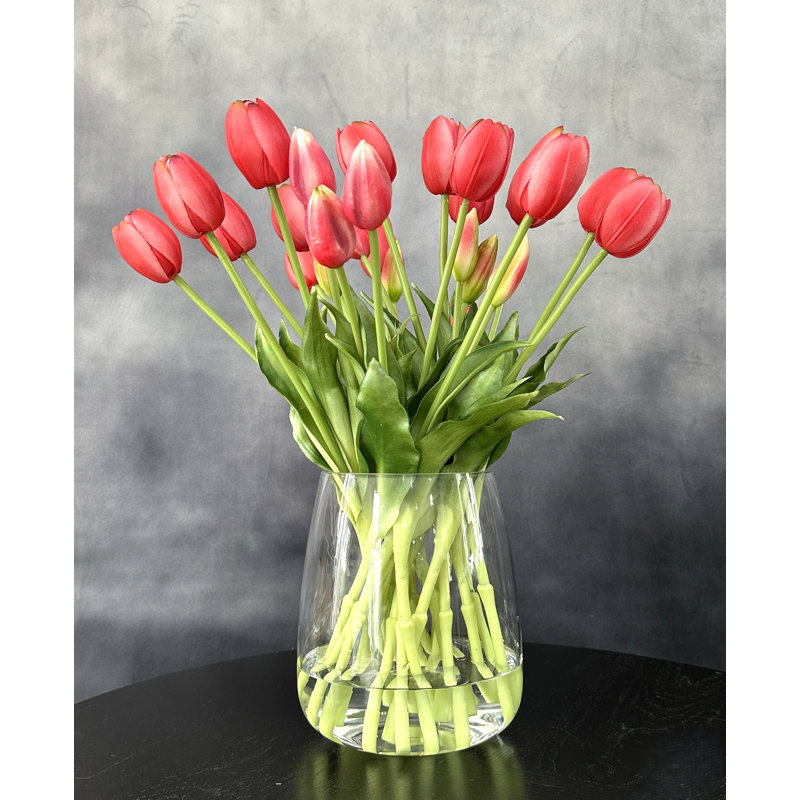 Real Touch Artificial Tulips In Glass Vase By , Light Red