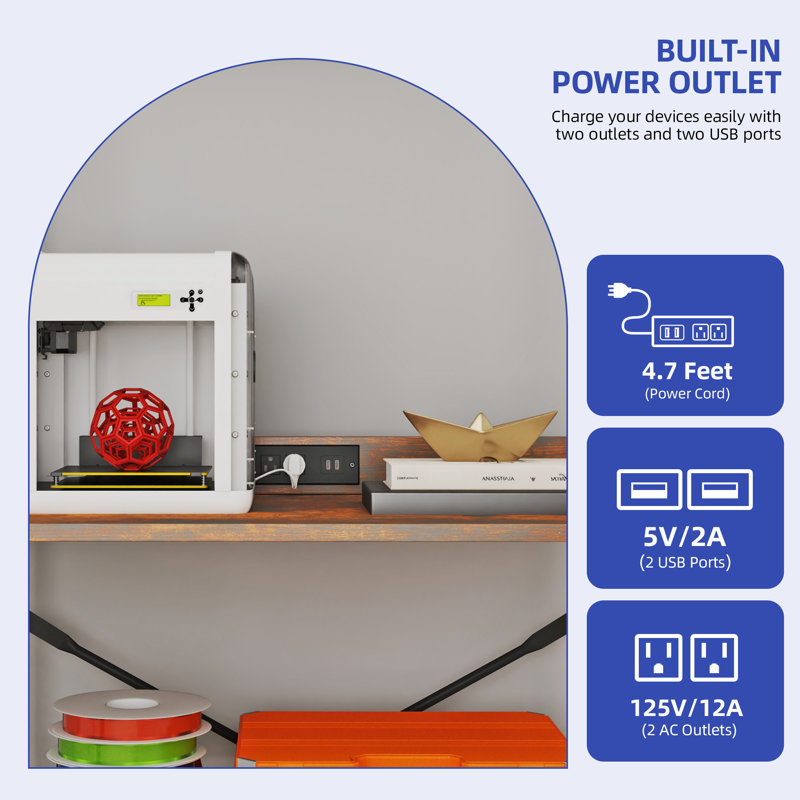 3D Printer Table with Power Outlets, USB Ports & RGB LED Light, Industrial Workbench with Storage Shelves & Hooks for Home or Studio