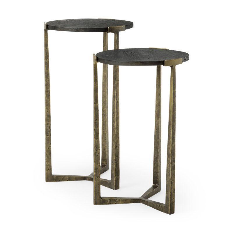 Ensemble de deux tables gigognes rondes en bois massif noir et or antique