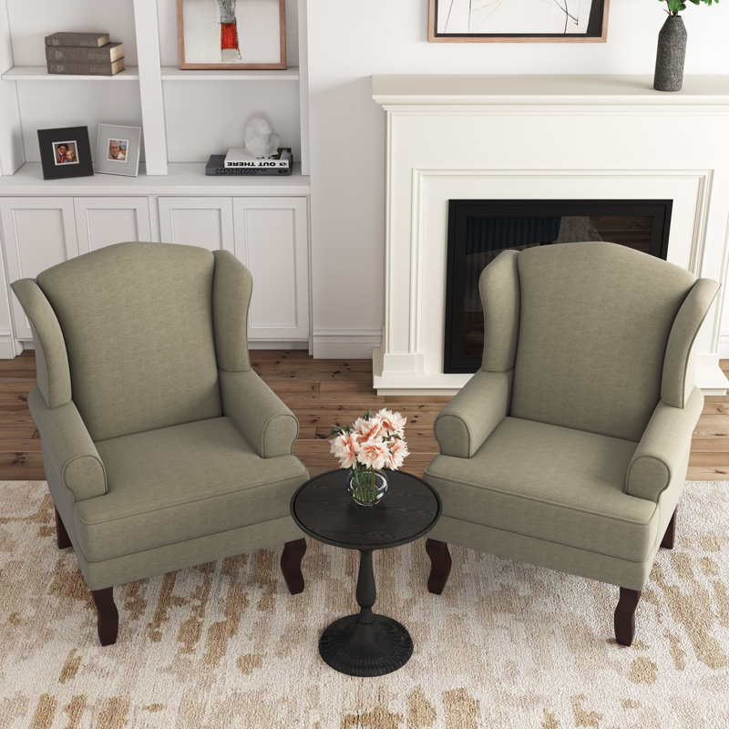 Duward Upholstered Light Camel Linen Wingback Accent Chair with Rolled Arm and Solid Wood Leg (Set of 2), Light Camel Cotton