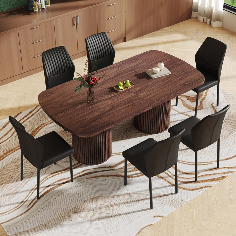 Ensemble de table de salle à manger 78,7 po, 7 pièces : table, 6 chaises, Noir, Bois brun / bois brun