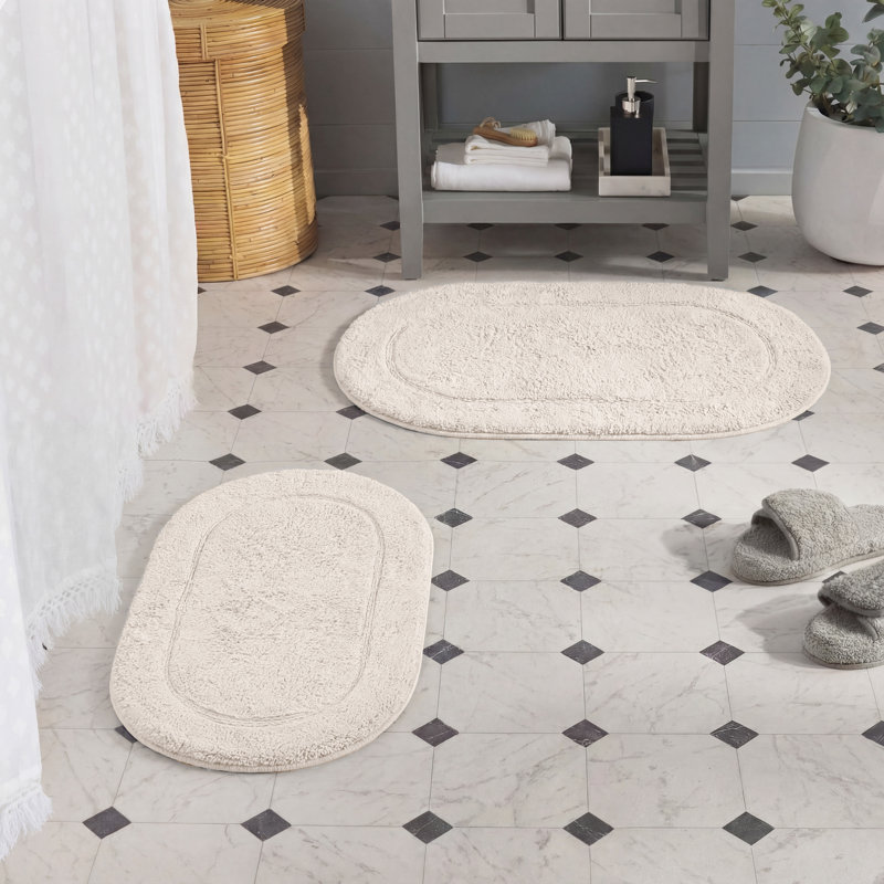 Ensemble de tapis de salle de bain ovale antidérapant en coton de qualité supérieure, Ivoire ivoire