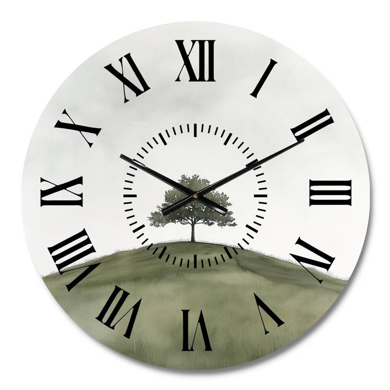 Horloge murale ronde en métal « Arbre solitaire au sommet de la colline » - Nature verte, Petit
