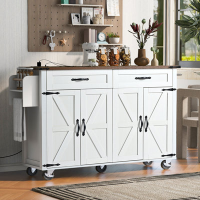 53.5''Farmhouse Kitchen Island With Power Outlet, Kitchen Storage Island With Drop Leaf, Spice Rack And Drawer, Rolling Kitchen Cart On Wheels, For Home, Kitchen And Dining Room, White