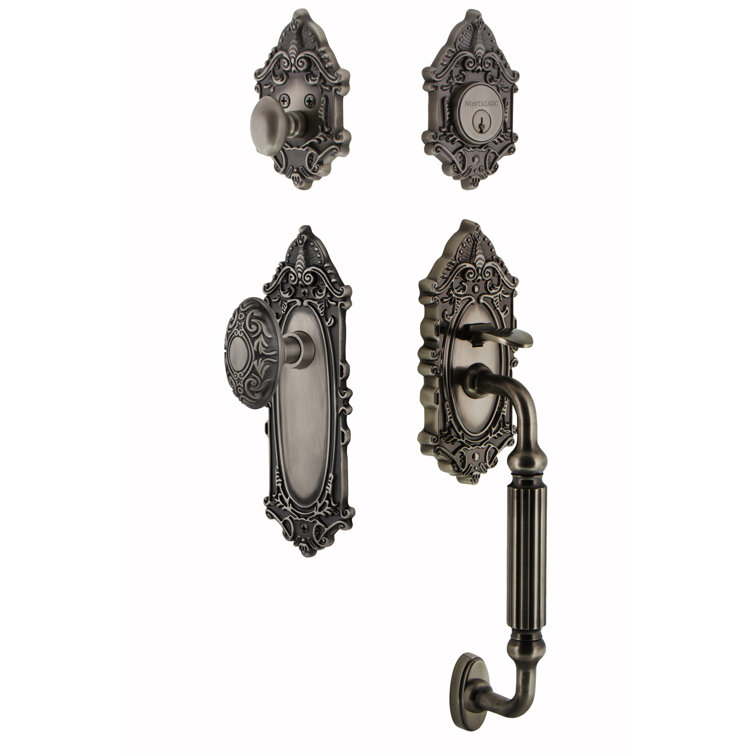 Nostalgic Warehouse Victorian Plate F Grip Handleset with Single Cylinder Deadbolt and Victorian Knob