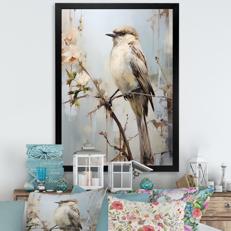Minimalisme, oiseau beige sur une branche, Cadre simple noir, H 32 po x l 24 po x P 1 po