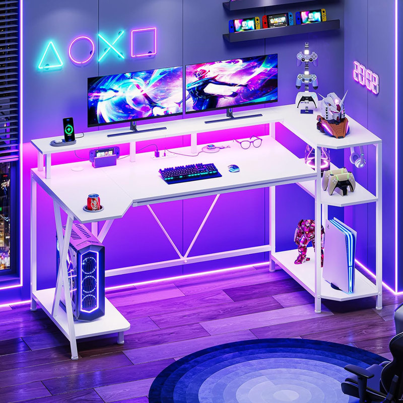Bureau d'ordinateur 55 po avec lumières DEL, Blanc