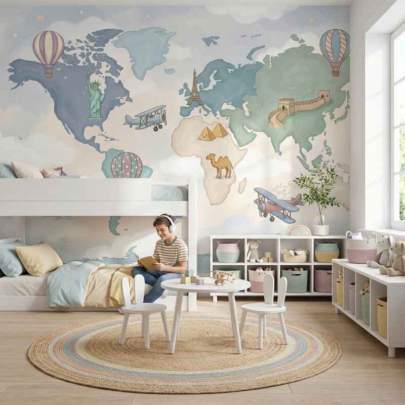 World Map Wallpaper Cloudy Sky Wall Mural, 160"x108", Peel and Stick