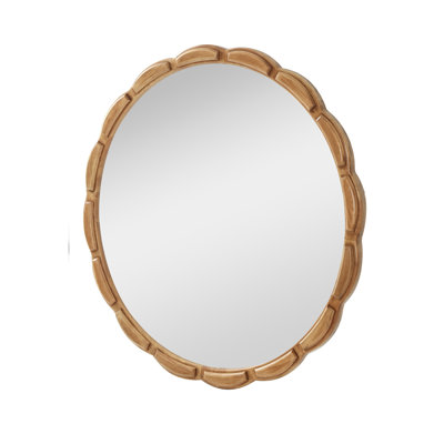Round Solid Wood Wall Mirror - 31.5" Rustic Farmhouse Light Brown Wooden Circle Mirror for Bathroom, Living Room, Entryway & Wall Decor